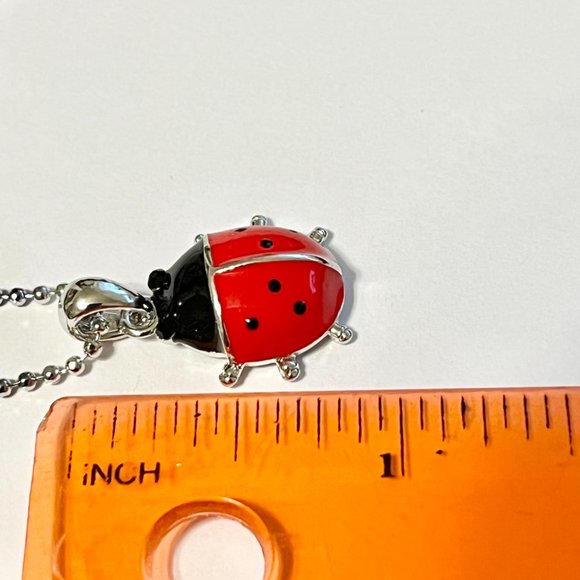 Silver Red Ladybug Pendant Necklace Crystal Plated 17" Chain Insect Enamel - Picture 11 of 11